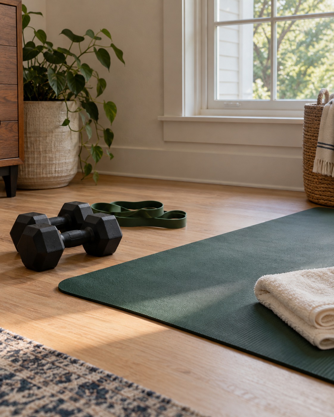 Illustrative image of dumbbells, a green exercise mat, resistance band, and towel beside a sunlit window
